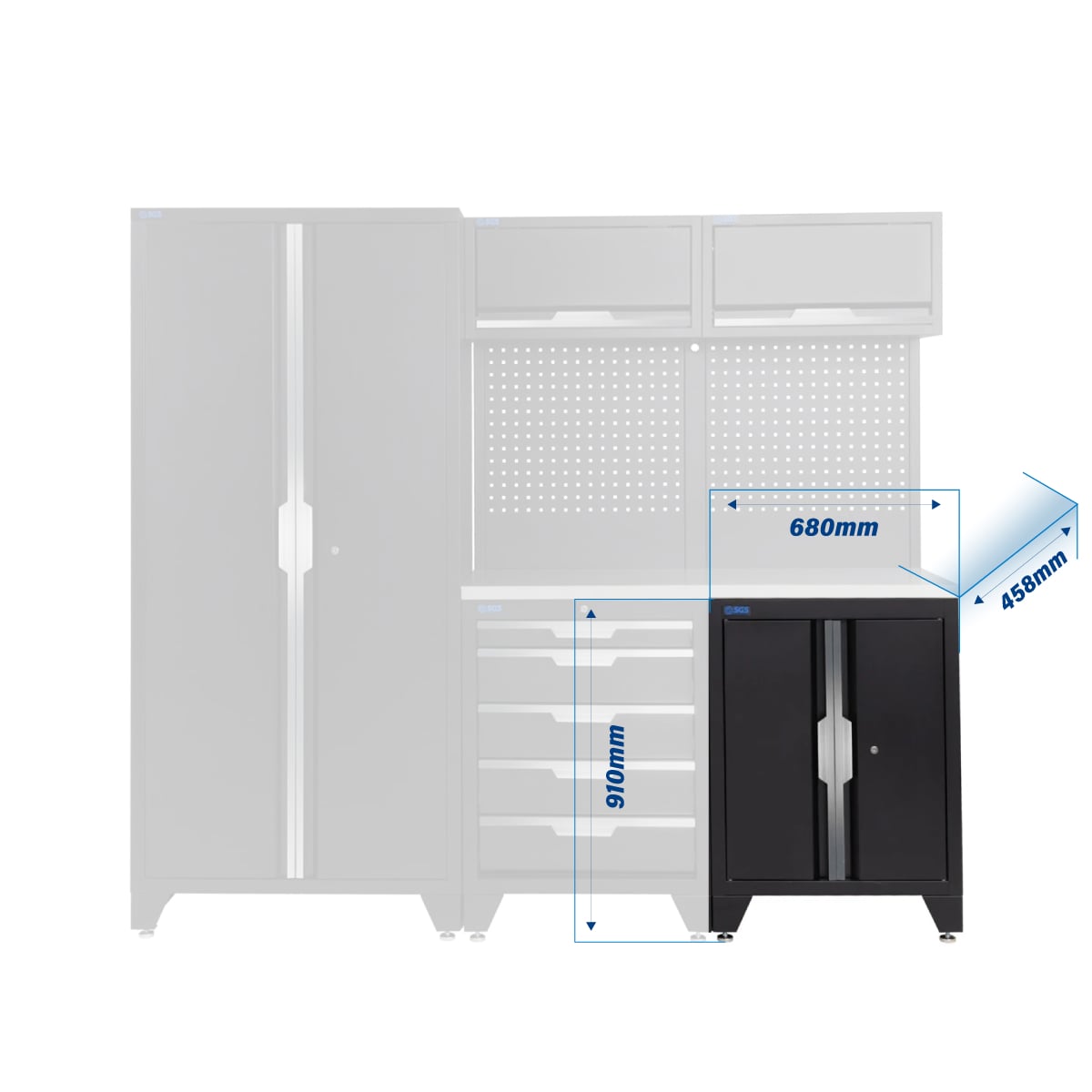 SGS 7pc Modular Garage Storage | 5 Drawers | Stainless Steel Worktop | Floor Cabinet | 2x Upper Cabinets | Tall Double Cabinet